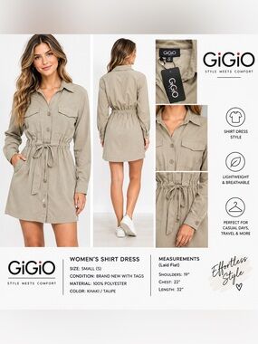 GiGiO Women’s Small Taupe Shirt Dress Button Front Tie Waist Utility Dress